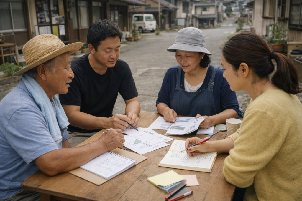 Community members holding a meeting outdoors around a wooden table in a rural street