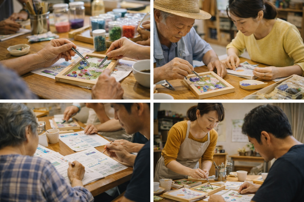 Close-up scenes of people carefully working on crafts during a workshop