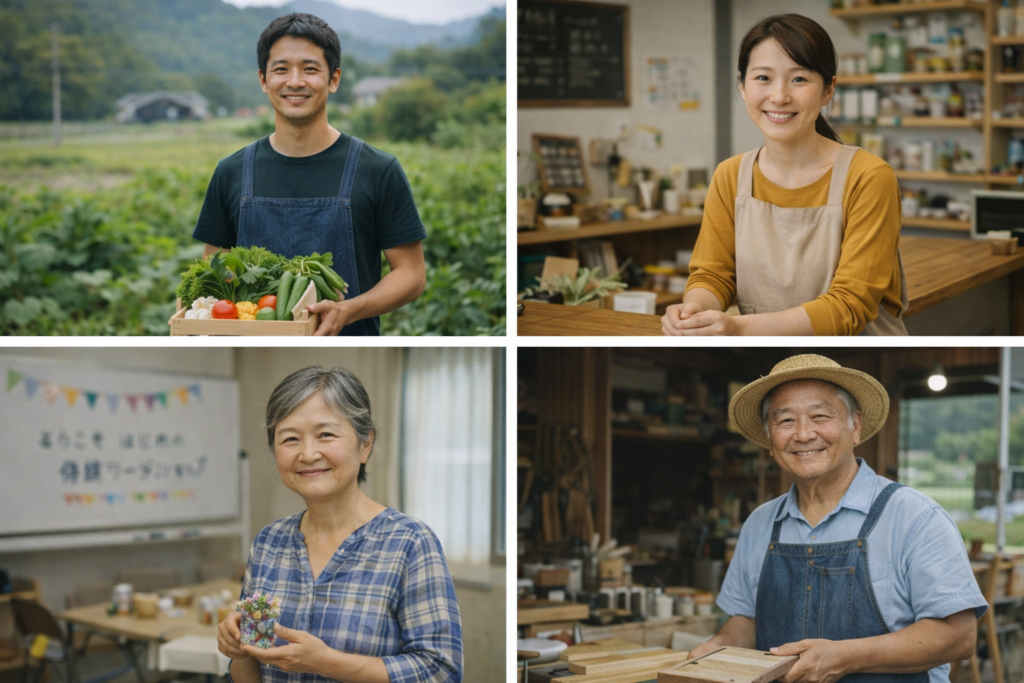 Portraits of people working in farming, crafts, cafes, and woodworking