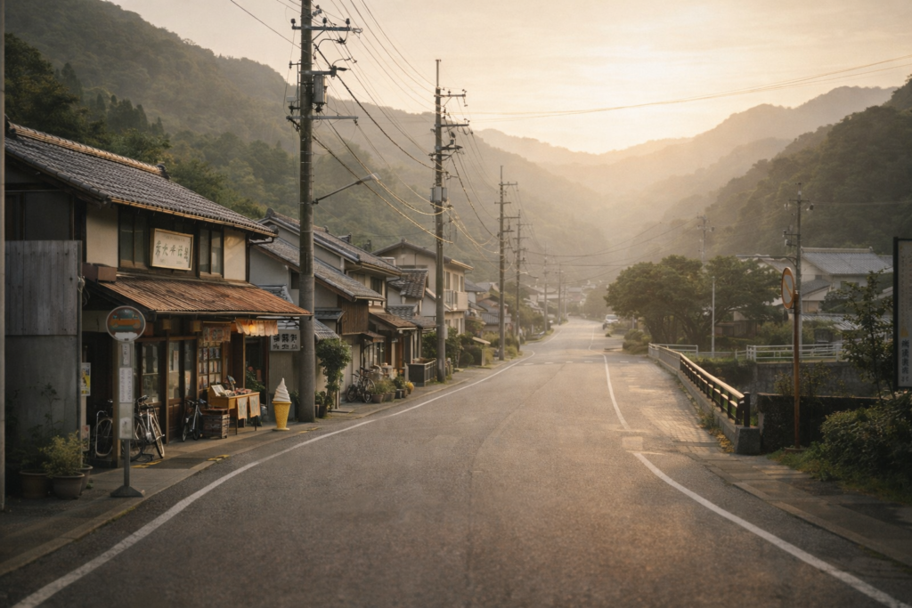 Quiet rural shopping street surrounded by mountains at sunset