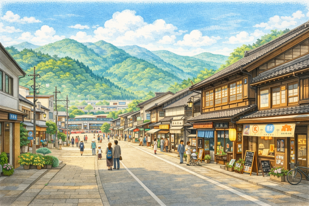 Scenic view of Iiyama’s traditional shopping street with wooden storefronts, people walking, and lush green mountains in the background.