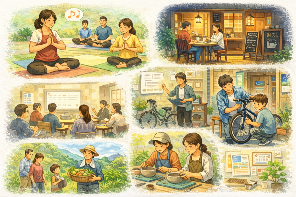 Collage of community activities in Iiyama including yoga, cafés, farming, tea workshops, bike repairs, and group meetings.