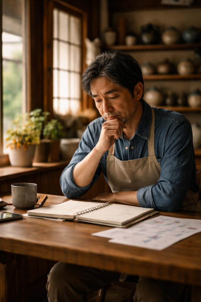 Middle-aged Japanese man sitting at a wooden table indoors, thoughtfully looking at an open notebook