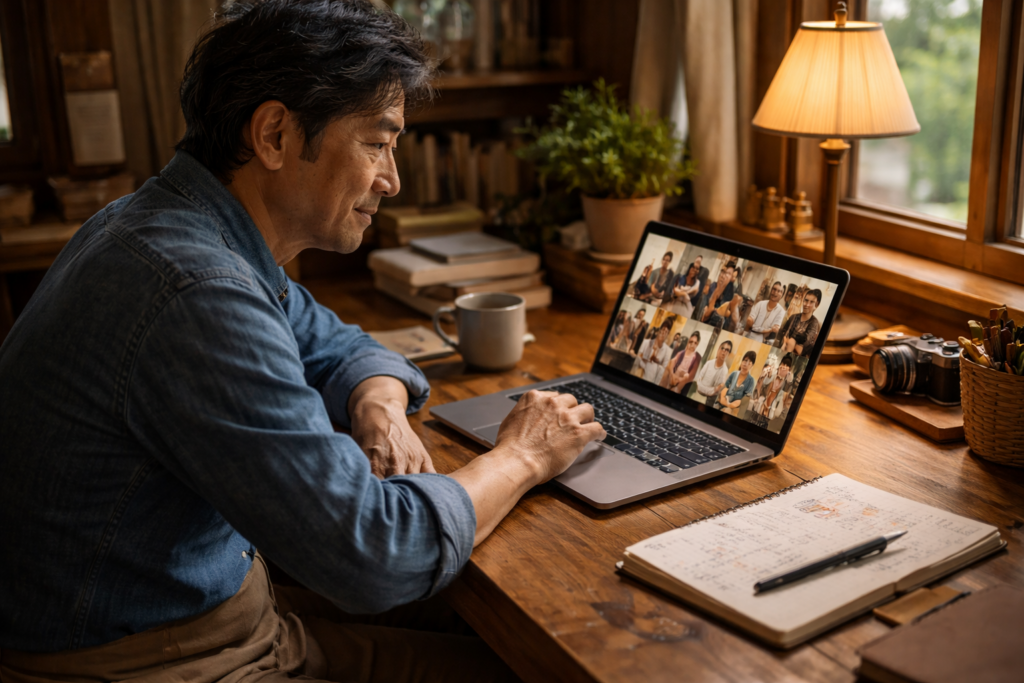 Middle-aged man using a laptop for a video call at a wooden desk in a cozy room