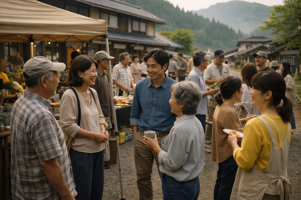 People chatting at an outdoor market in a rural Japanese town with mountains in the background