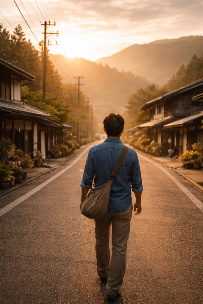 Man walking alone down a quiet rural street in a traditional Japanese village at sunset