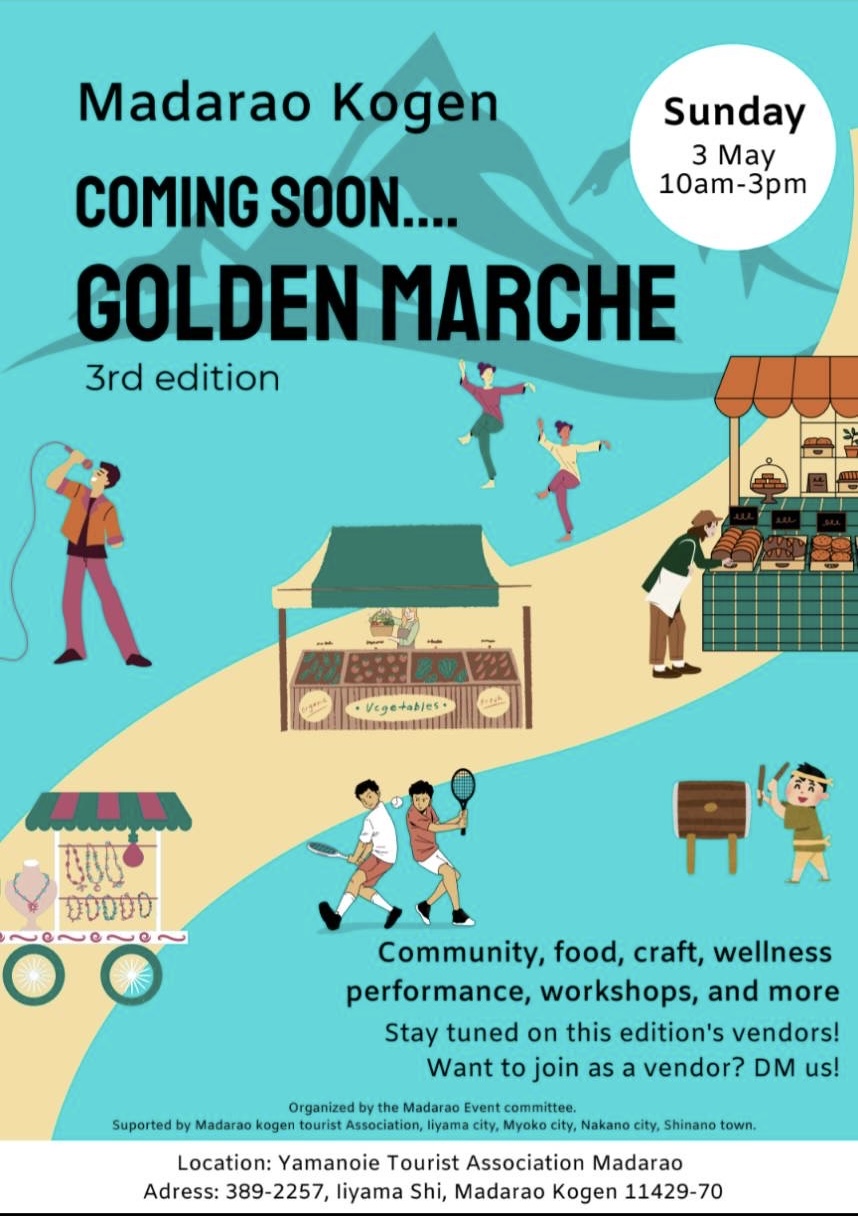 Coming soon poster for Madarao Kogen Golden Marche event with illustrated activities and vendors