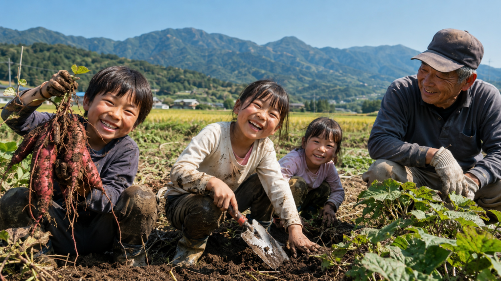 Children harvesting sweet potatoes with an elderly farmer in Iiyama's countryside