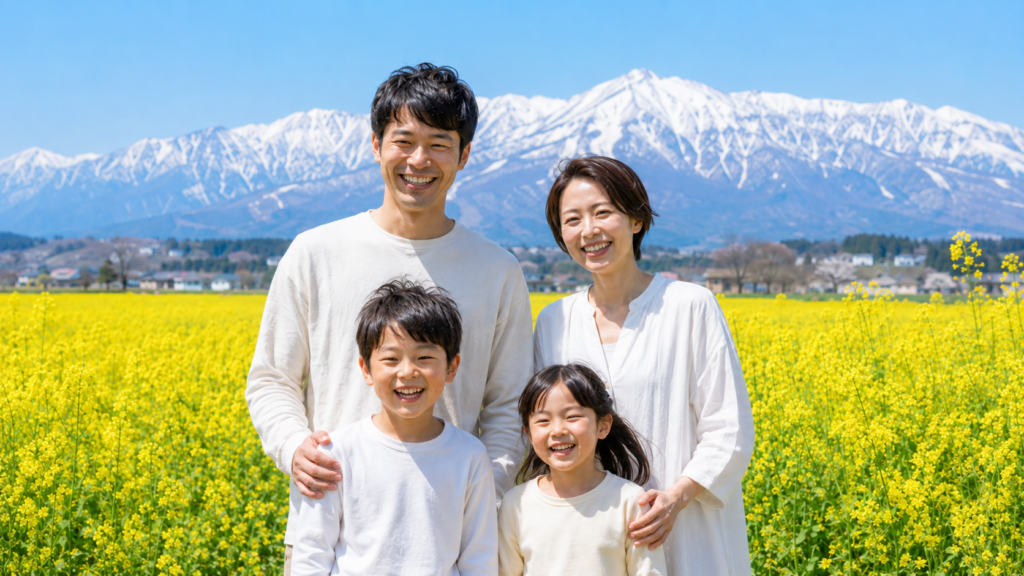 Happy family in a rapeseed flower field with snow-capped mountains in Iiyama, Nagano