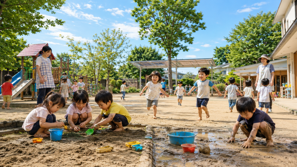 Children playing freely in the outdoor garden of a daycare center in Iiyama, Nagano