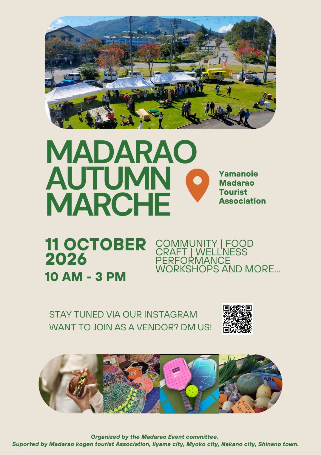 MADARAO AUTUMN MARCHE flyer with event details, October 11, 2026, Yamanoie Madarao Tourist Association, vendor recruitment via Instagram