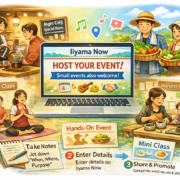 Illustration promoting community events in Iiyama, showing people participating in a night café, yoga class, harvest experience, and mini workshops with a laptop screen saying "Host Your Event!".