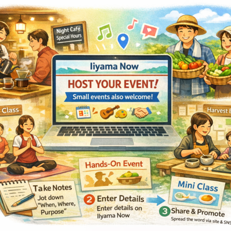Illustration promoting community events in Iiyama, showing people participating in a night café, yoga class, harvest experience, and mini workshops with a laptop screen saying "Host Your Event!".