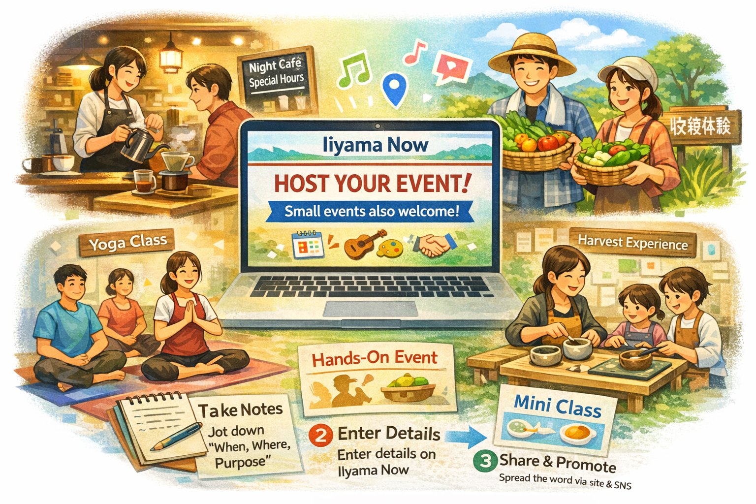 Illustration promoting community events in Iiyama, showing people participating in a night café, yoga class, harvest experience, and mini workshops with a laptop screen saying "Host Your Event!".