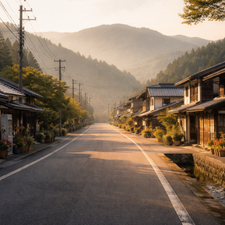 Traditional Japanese countryside street lined with wooden houses and mountains in the background at sunset