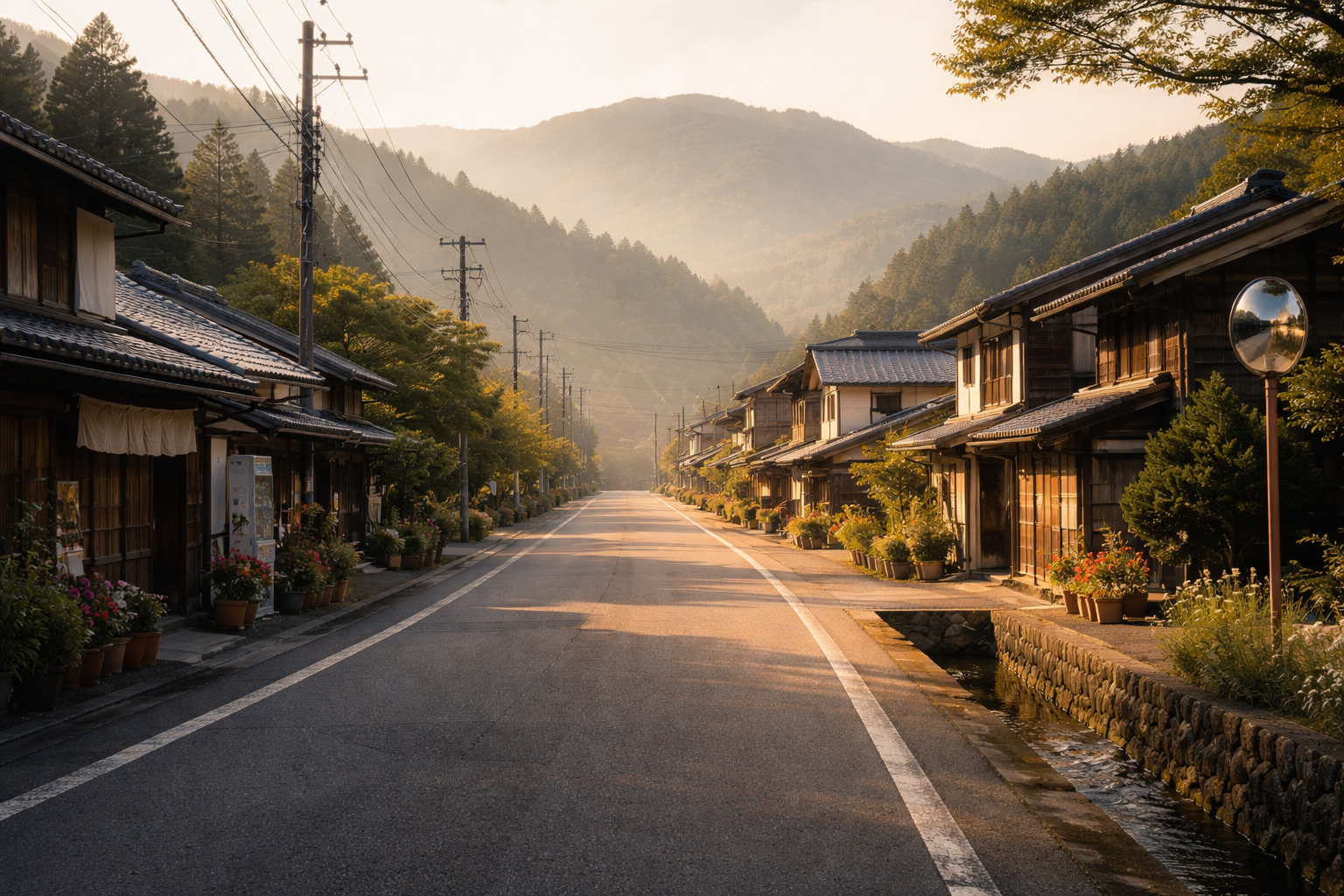 Traditional Japanese countryside street lined with wooden houses and mountains in the background at sunset