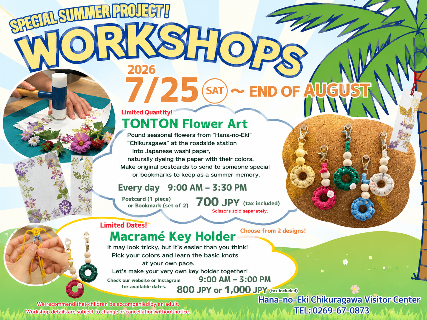 Special Summer Project Workshops 2026 at Hana-no-Eki Chikuragawa – Tonton Flower Art and Macramé Key Holder (landscape flyer)
