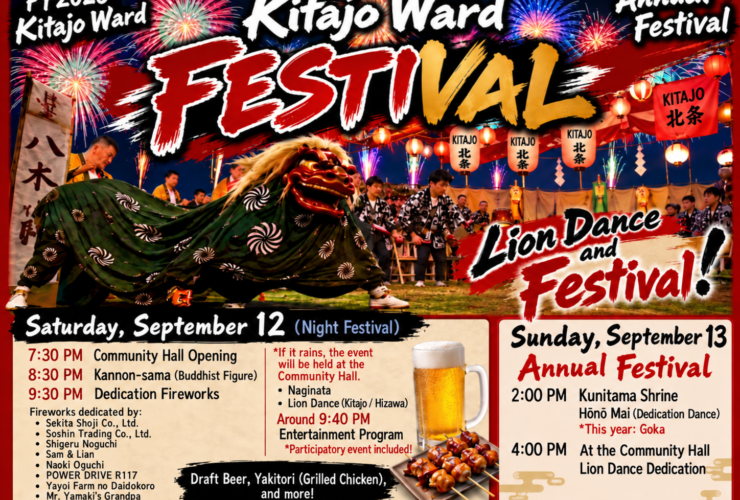 Kitajo Ward Annual Festival 2026 banner: a lion dancer in a green costume, taiko drummers in happi coats, red KITAJO lanterns and fireworks at night