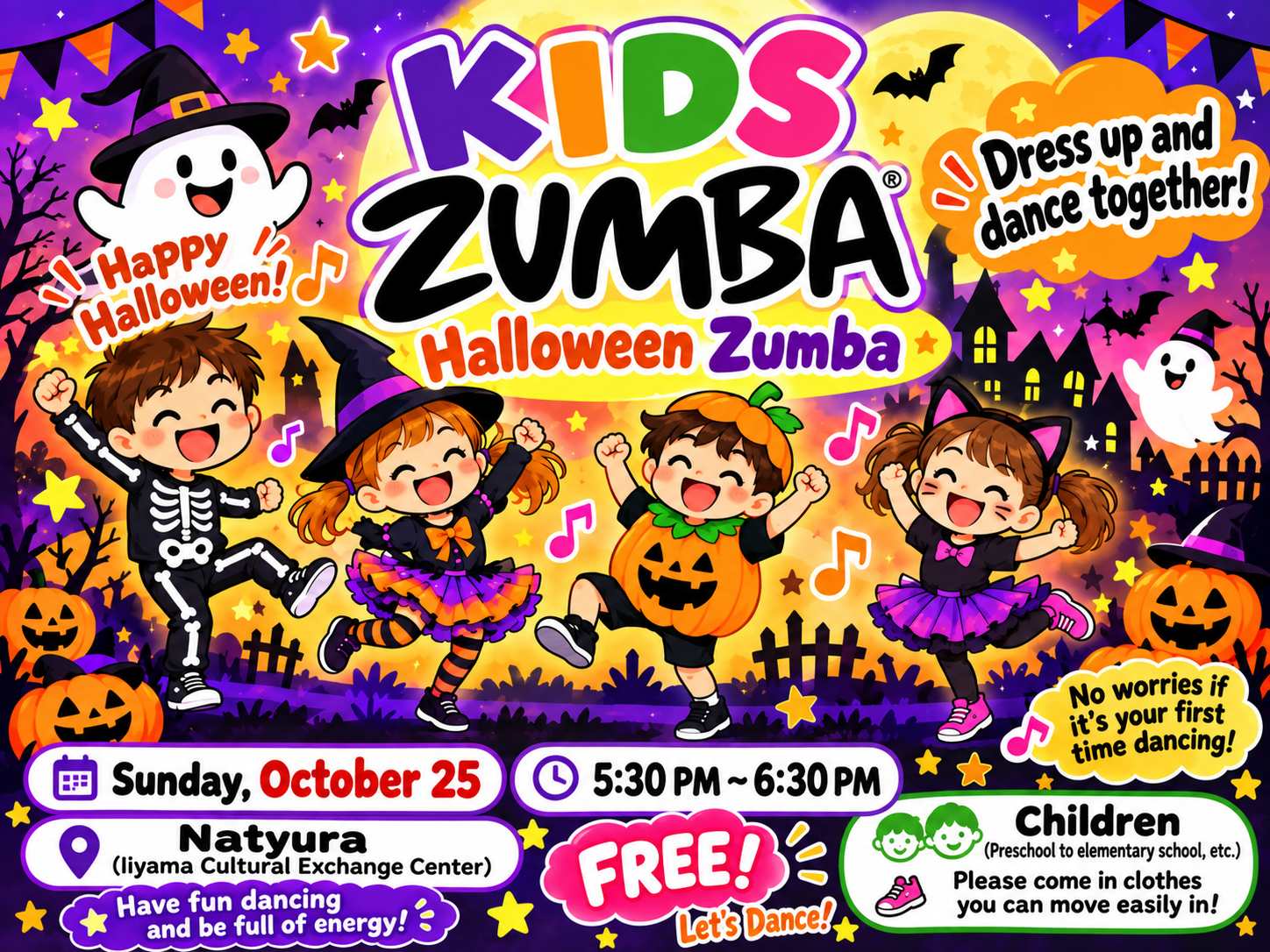 Kids Zumba Halloween Zumba, Sunday, October 25, 5:30 to 6:30 PM at Natyura (Iiyama Cultural Exchange Center), free, with children dancing in Halloween costumes