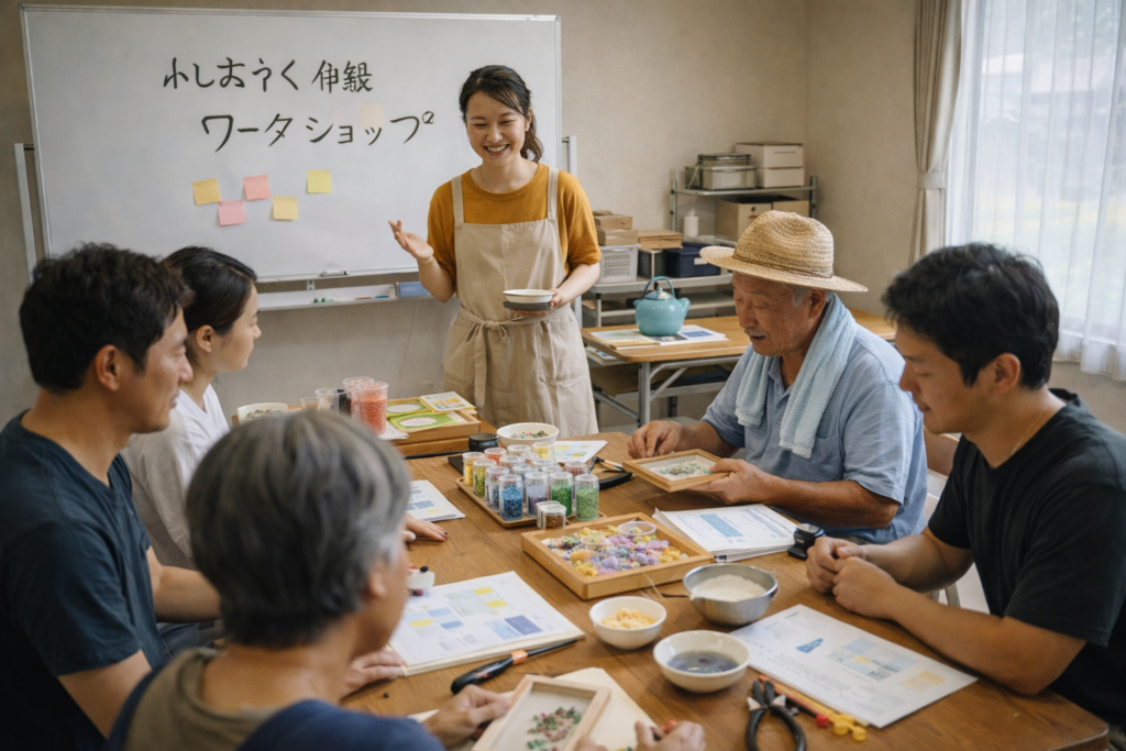 地域の人々がワークショップで工作を楽しんでいる様子