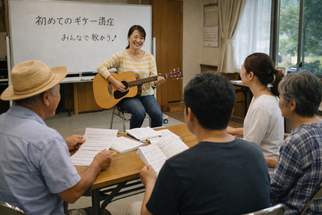 初心者向けギター講座で演奏を楽しむ地域住民