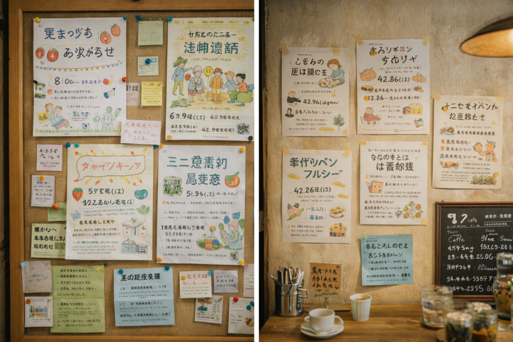 地域の掲示板に貼られた手描きのお知らせやポスター