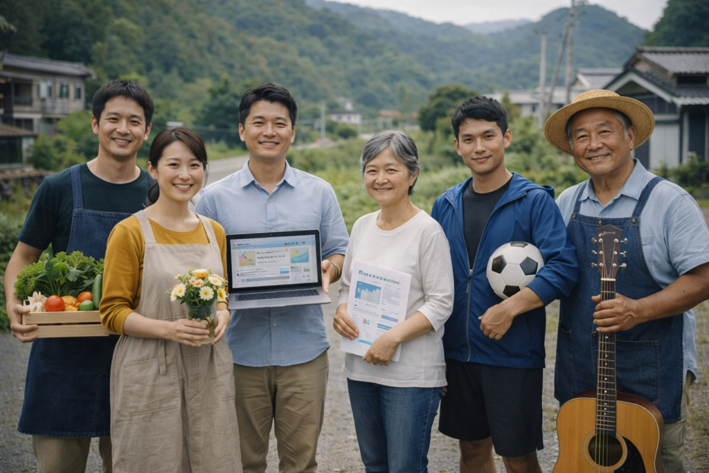 地域活動に参加する多世代のメンバーが屋外で集合写真