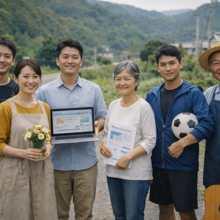 地域活動に参加する多世代のメンバーが屋外で集合写真