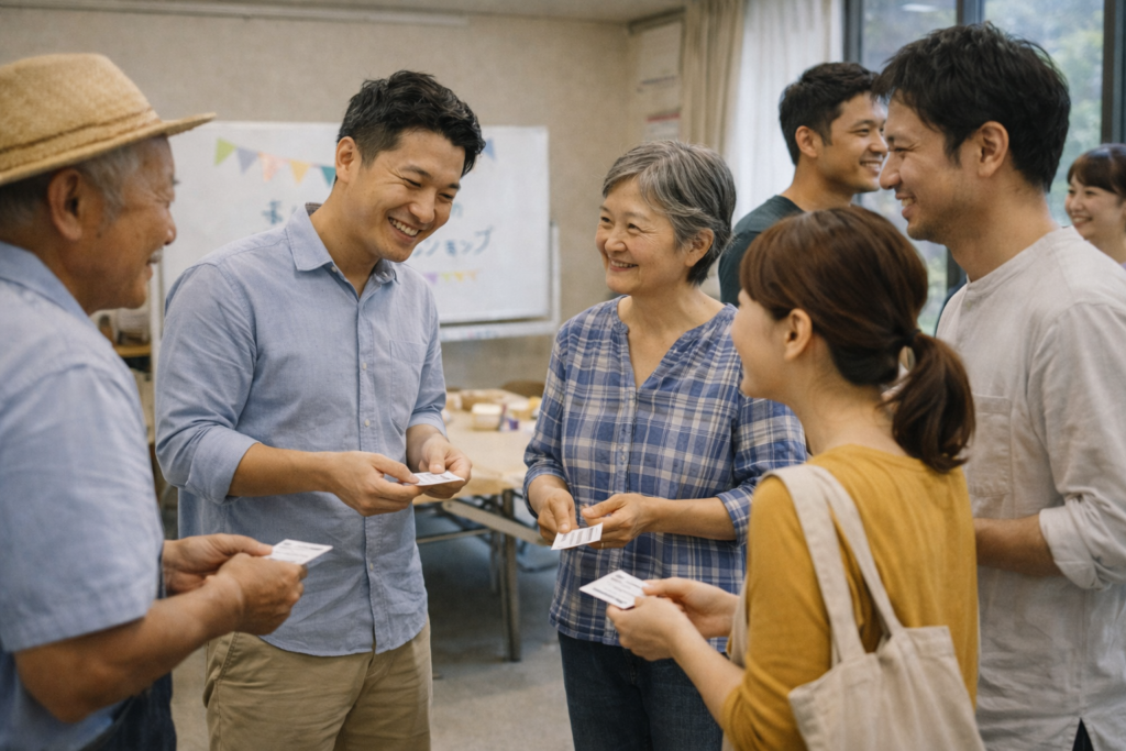 地域イベントで名刺交換をして交流する人々の様子