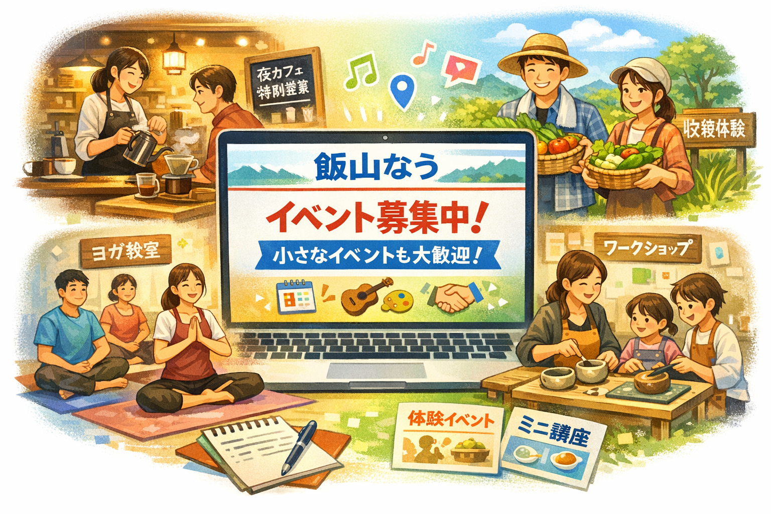 飯山で開催されるさまざまな地域イベントのイラスト。ヨガ教室、収穫体験、夜カフェ、ワークショップなど。