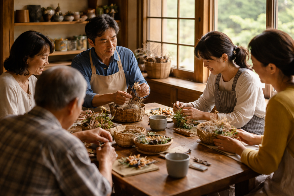 木のテーブルを囲み自然素材で手作業を楽しむ大人たち