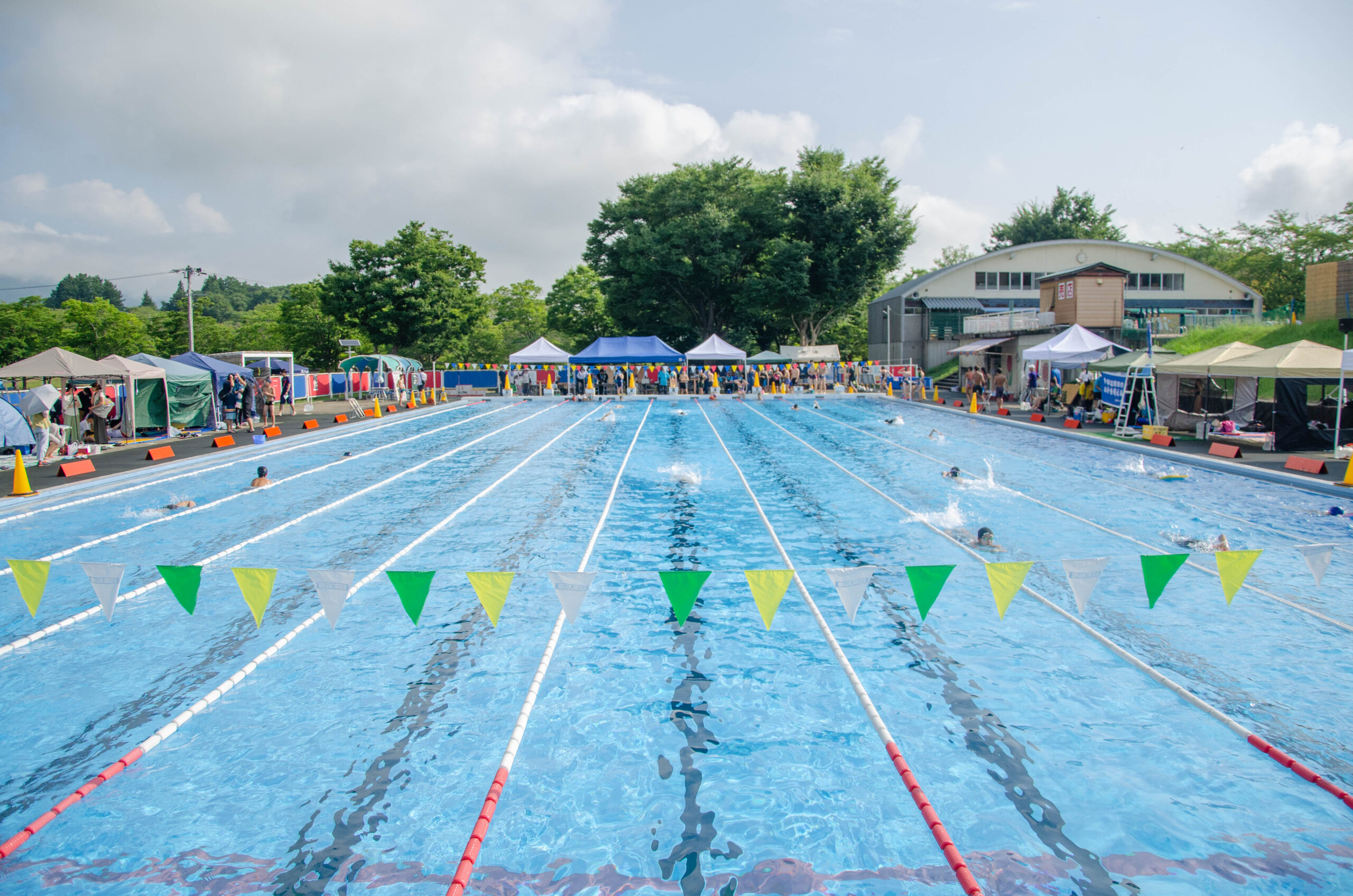 屋外プールで行われる水泳大会の様子