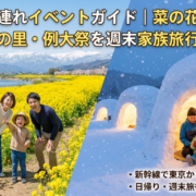 飯山の子連れイベントガイドのバナー画像。左に菜の花畑と親子3人、右に雪のかまくらの中で過ごす親子3人が写り、春の菜の花まつりと冬のかまくらの里を紹介している。