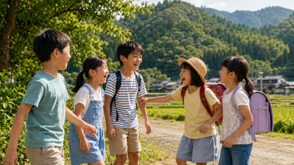 農村の道でランドセルを背負って笑い合う小学生5人