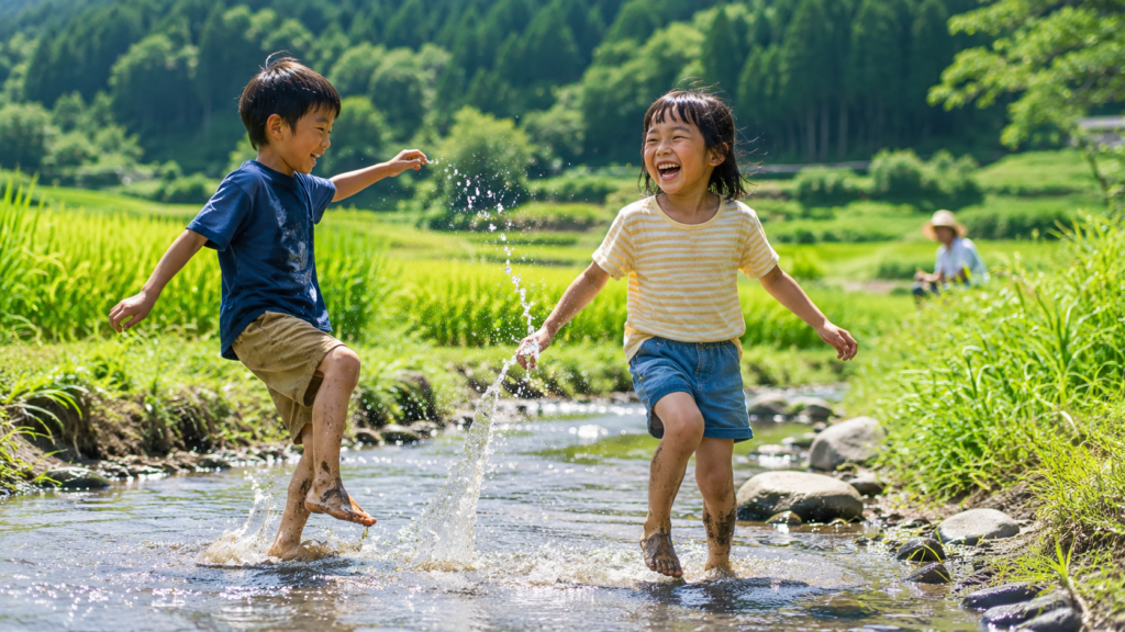 緑豊かな里山の小川で子どもたちが水遊びをする夏の風景