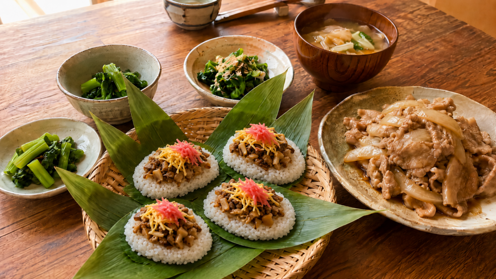 笹の葉に盛られたご飯料理と小鉢が並ぶ和食の食卓