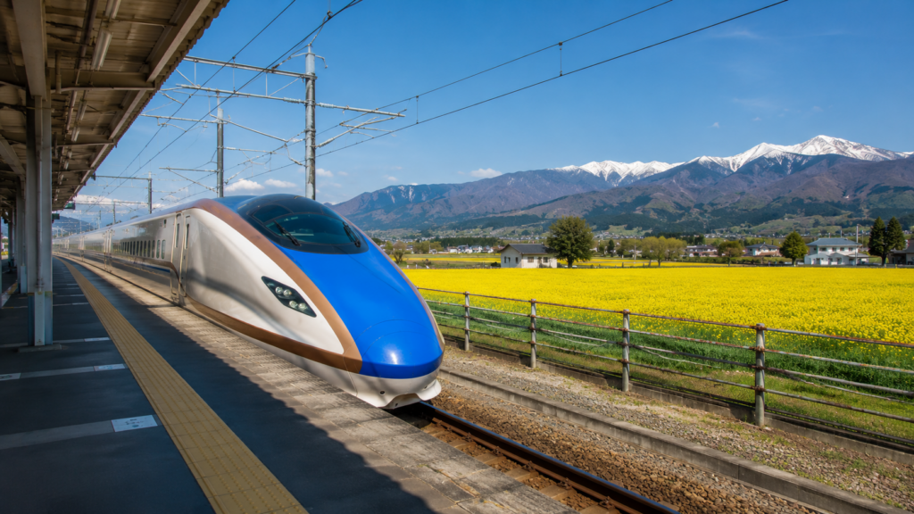 春の信州をイメージした新幹線駅と菜の花畑
