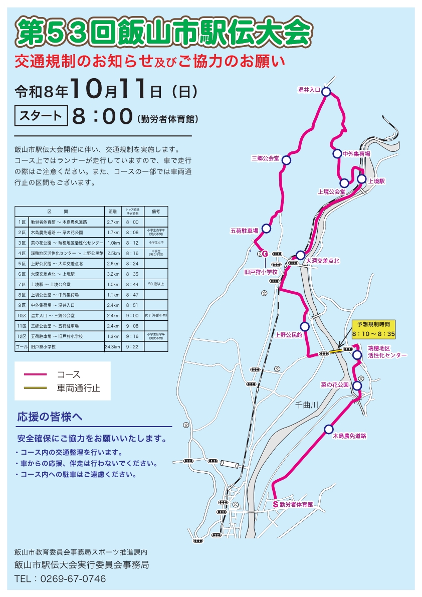 第53回飯山市駅伝大会のコース図と交通規制のお知らせ。勤労者体育館スタート、旧戸狩小学校ゴールの全12区間